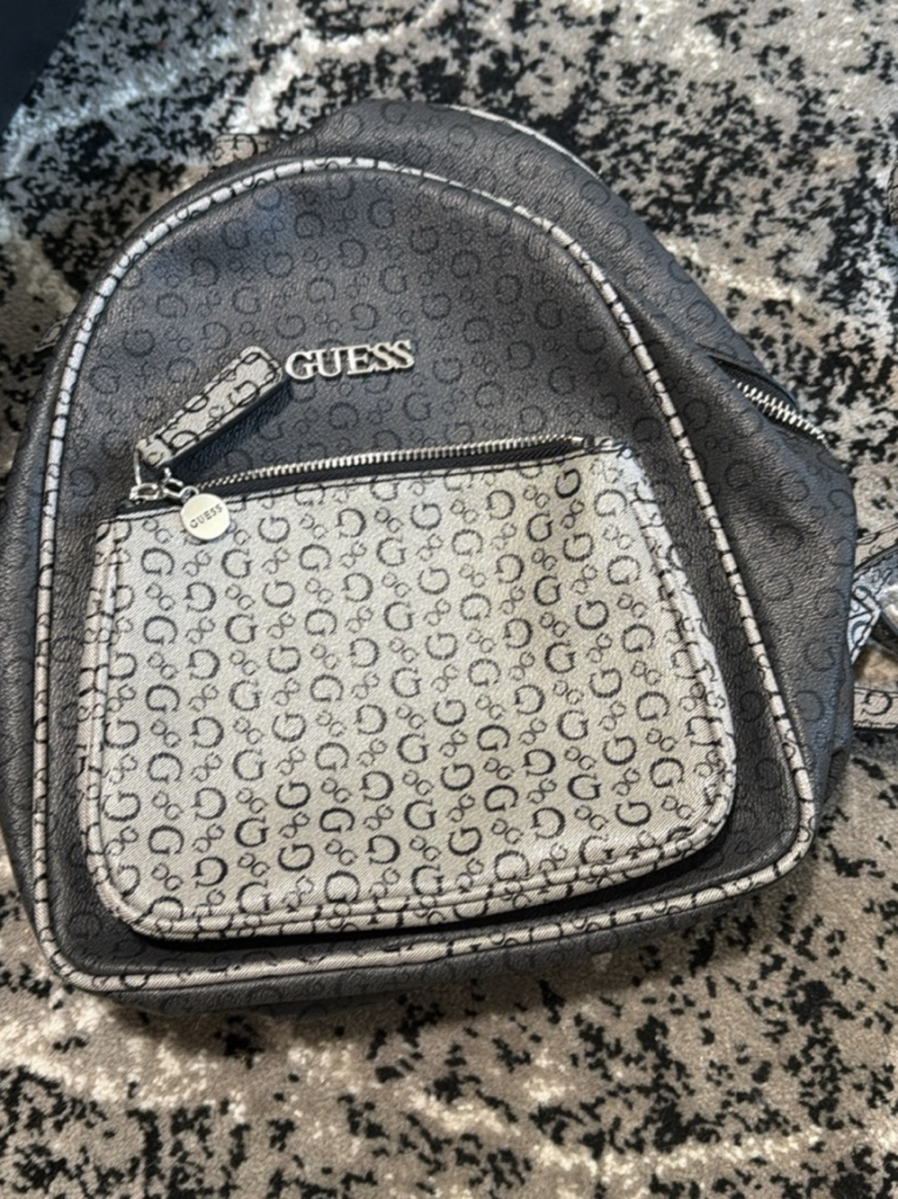 Guess Two-Tone Monogram Mini Backpack in Black and Light Gray